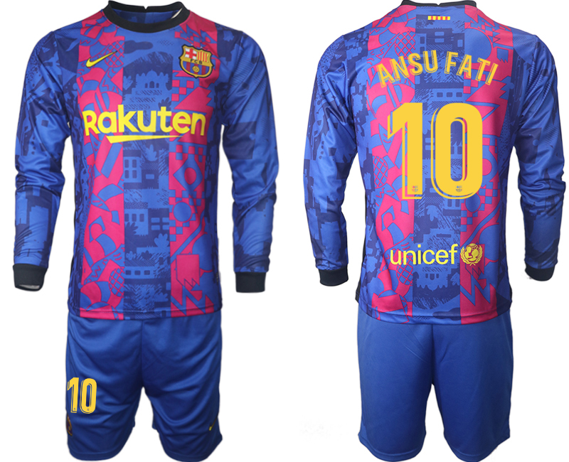 Men 2021-2022 Club Barcelona Second away blue Long Sleeve #10 Soccer Jersey1